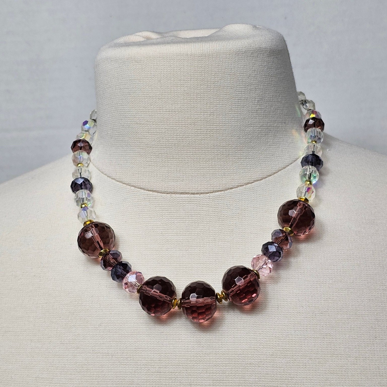 Vintage Faceted Glass Crystal Bead Necklace Purple Pink AB Coated Clear 18-20 in