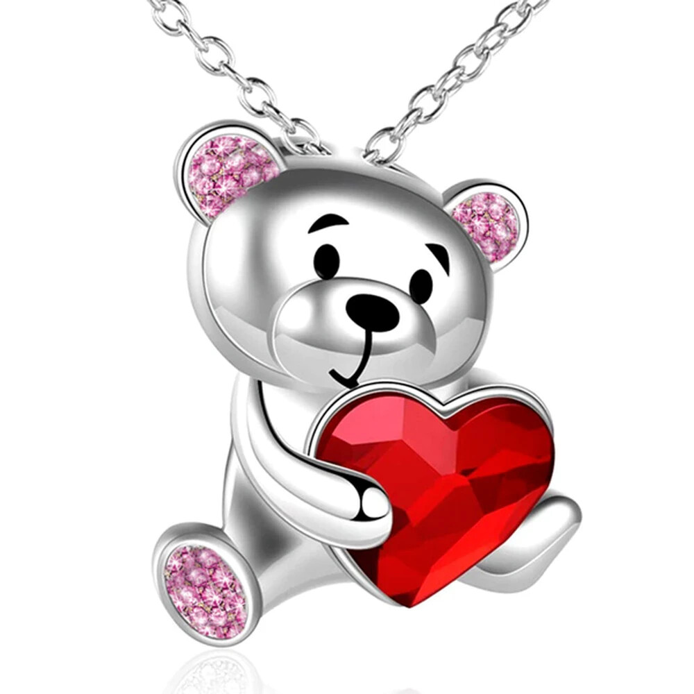 Teddy Bear Zircon Red Crystal Gem Necklace for Women with gift box