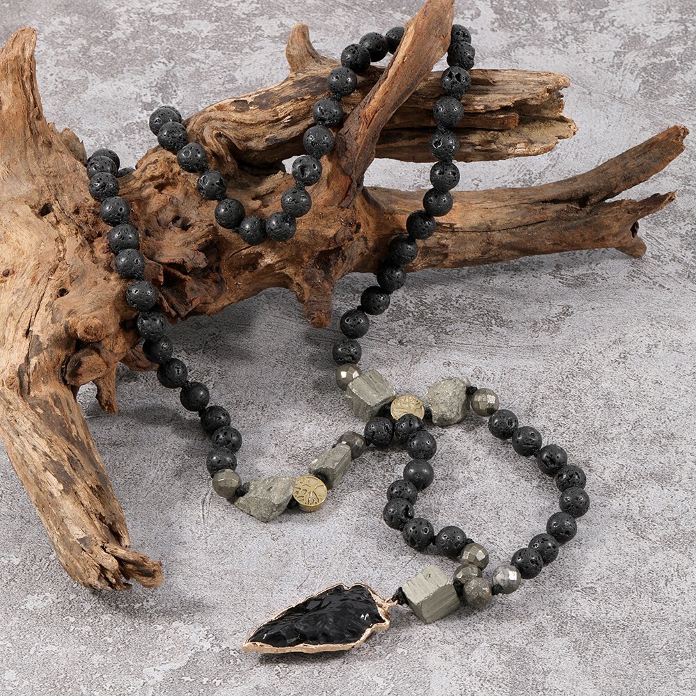 Natural Lava Rock Volcano Stone Beads Necklace Obsidian Arrow Charm Necklace