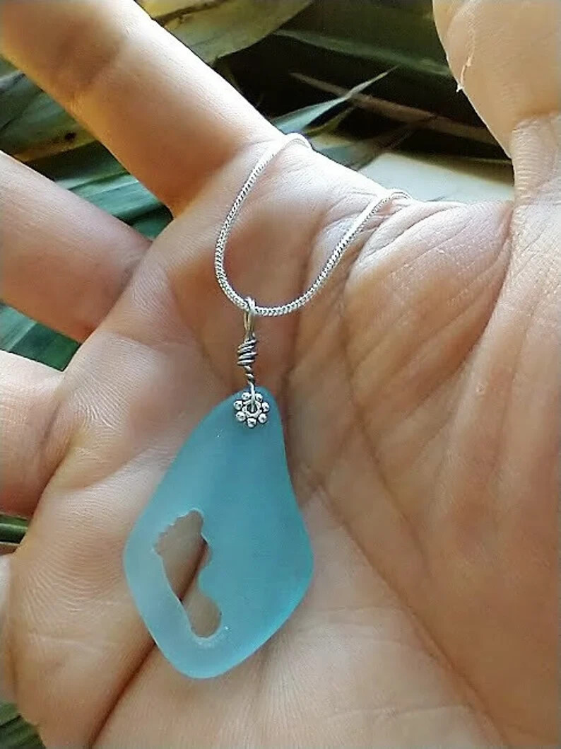 Ladies Blue Seaglass Footprint Pendant Silver Snake Chain Necklace 18 In Beach