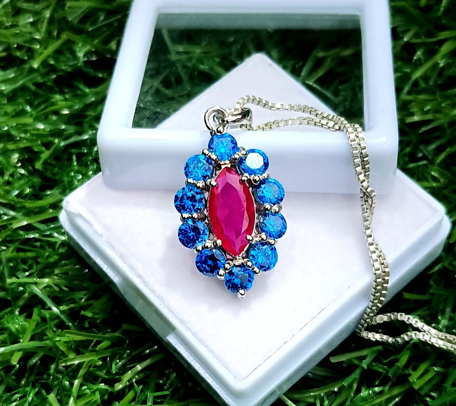 15 Ct Ruby Marquise Cut & Blue Sapphire Pendant 925 Sterling Silver With Chain