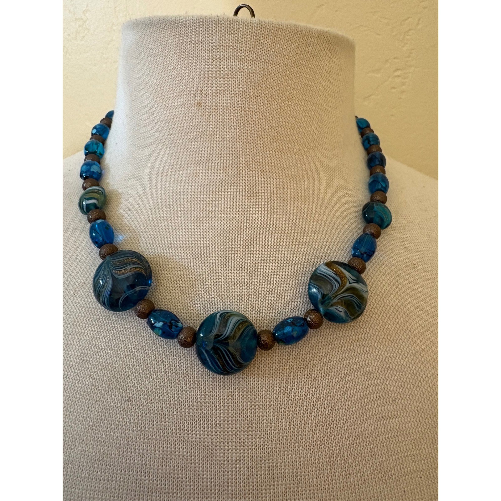 Blue Swirl Art Glass Bead Statement Necklace Bronze Tone Lobster Clasp Boho