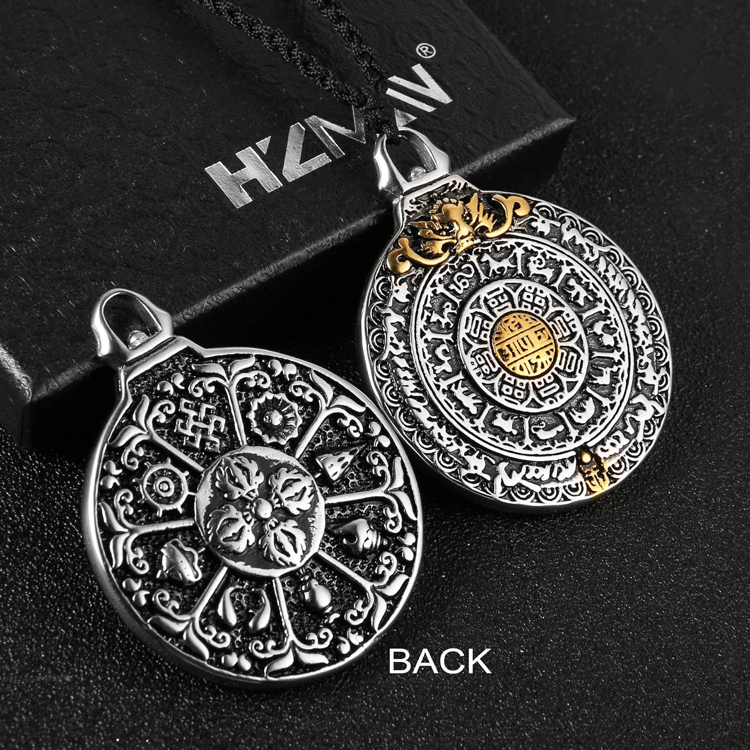Tibetan Om Amulet Necklace Bagua I Ching Zodiac Dragon Stainless Steel Pendant