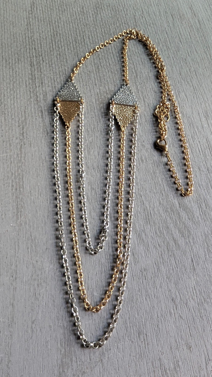 Layered Chain Necklace Three Strands, Two-Tone, Gold Silver 33″ Long Necklace