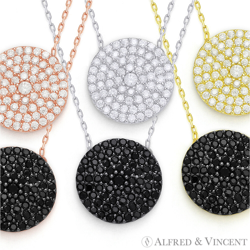 Circle Micro Pave Disc Cubic Zirconia Crystal Pendant Sterling Silver Necklace