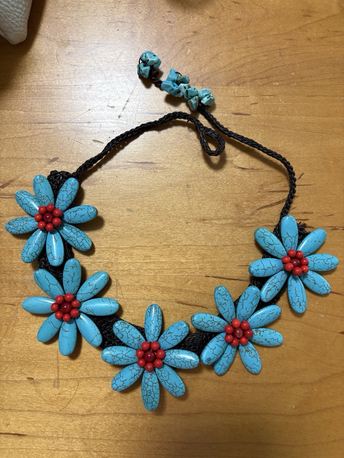 Five Turquoise Flowers with Synthetic Coral Center Stone Necklace