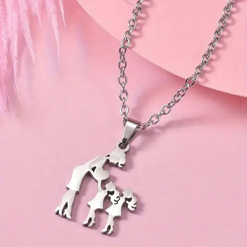Mother Child Heart Necklace Stainless Steel Family Figure Pendant Jewelry