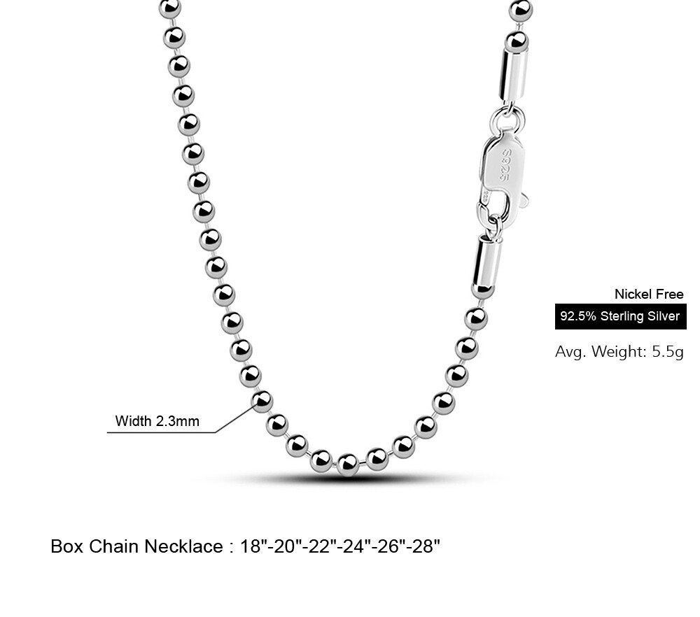 Solid 925 Sterling Silver 2.3mm Ball Bead Chain Necklace 18″-28″ for Women & Men