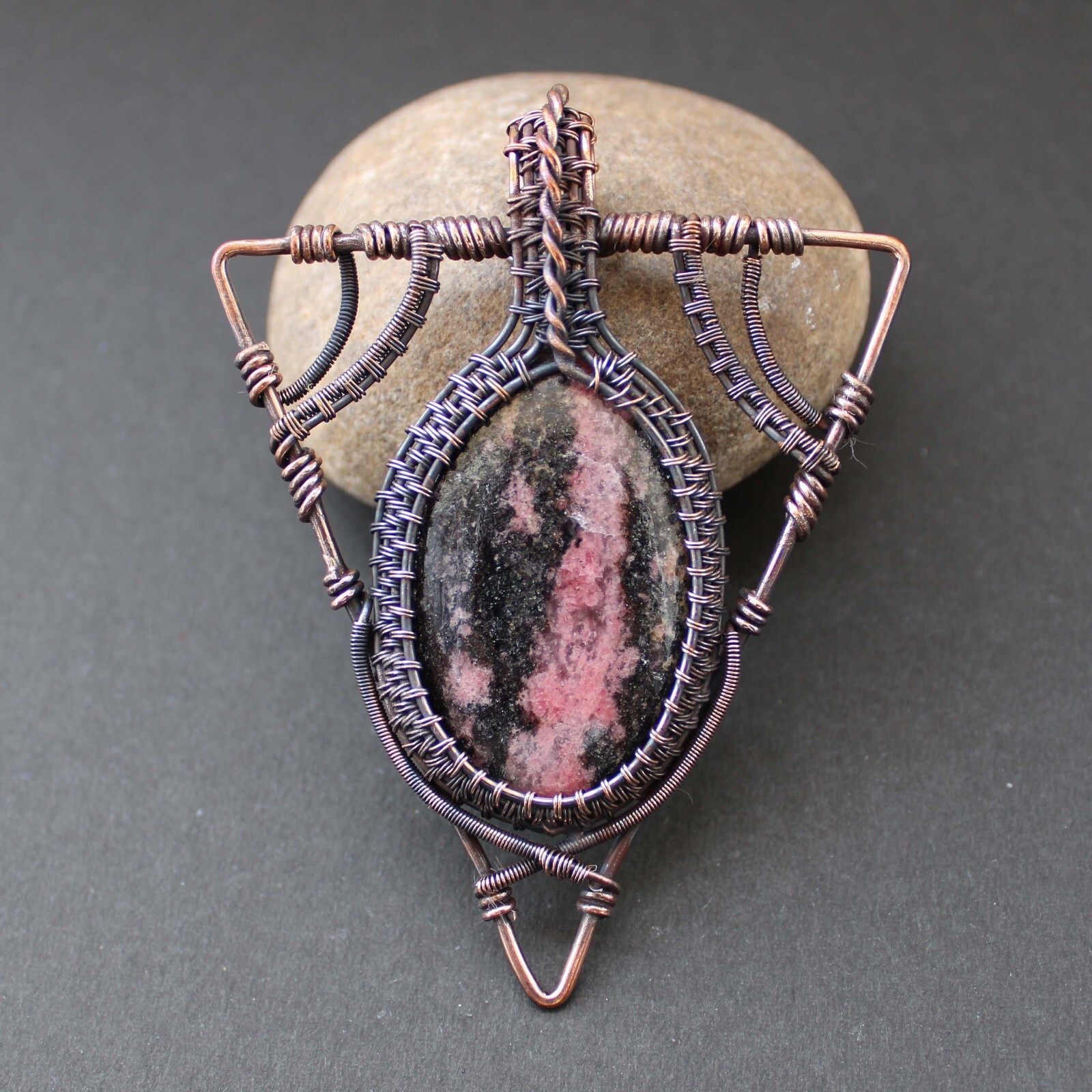 Rhodonite Pendant Copper Wire Wrapped Pendant Gemstone Wire Wrapped Jewelry