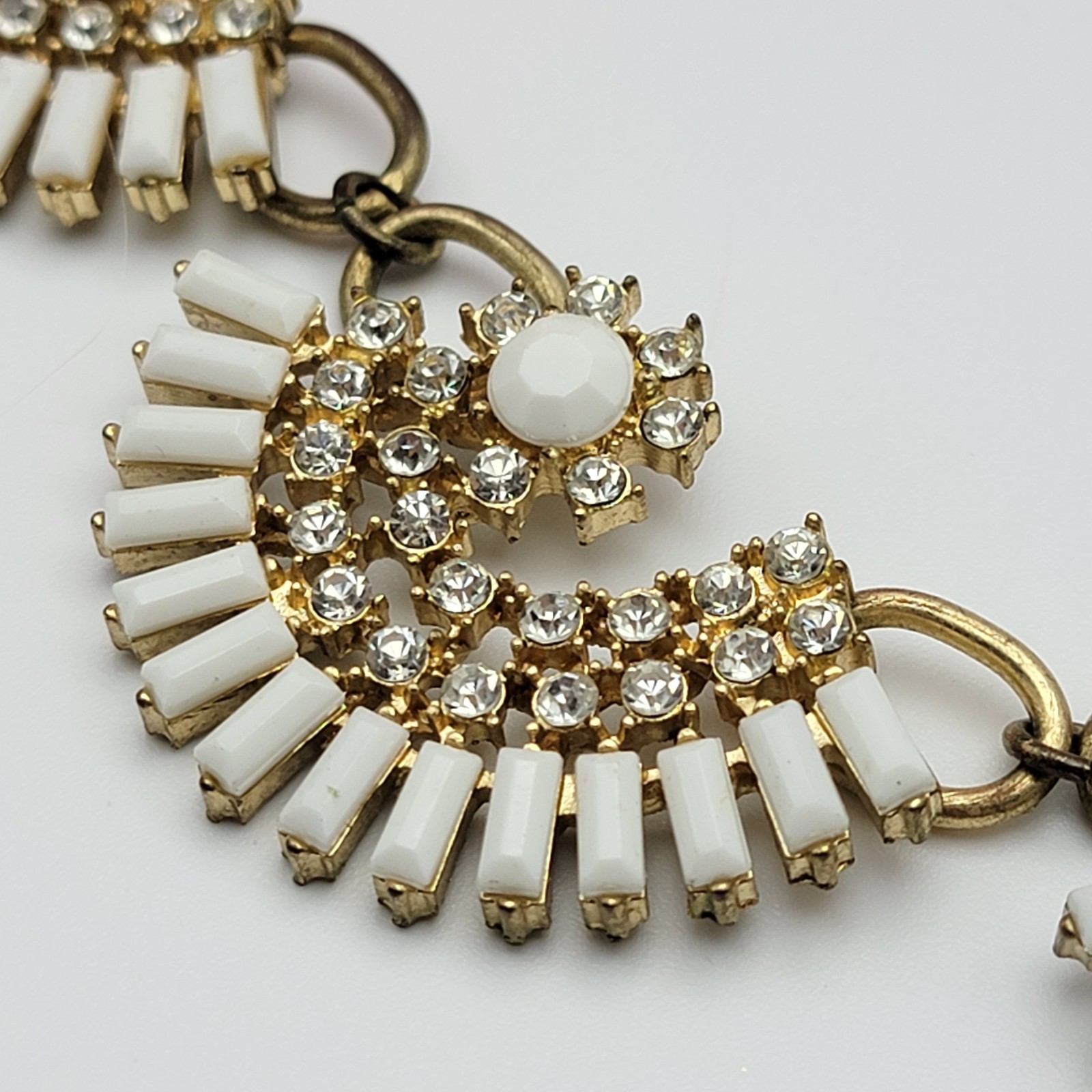 Gold Tone White And Clear Rhinestones Statement Bib Necklace 20″ Adj.