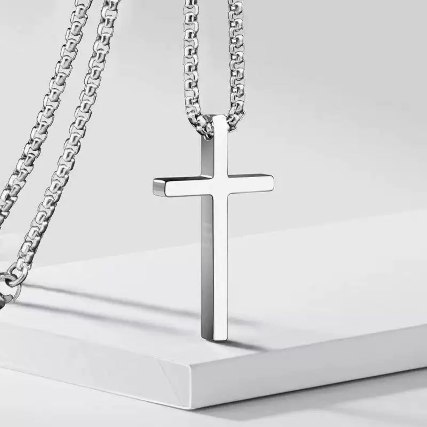Cross Necklace for Men, Silver Cross Stainless Steel Pendant Necklace, Mens Cros