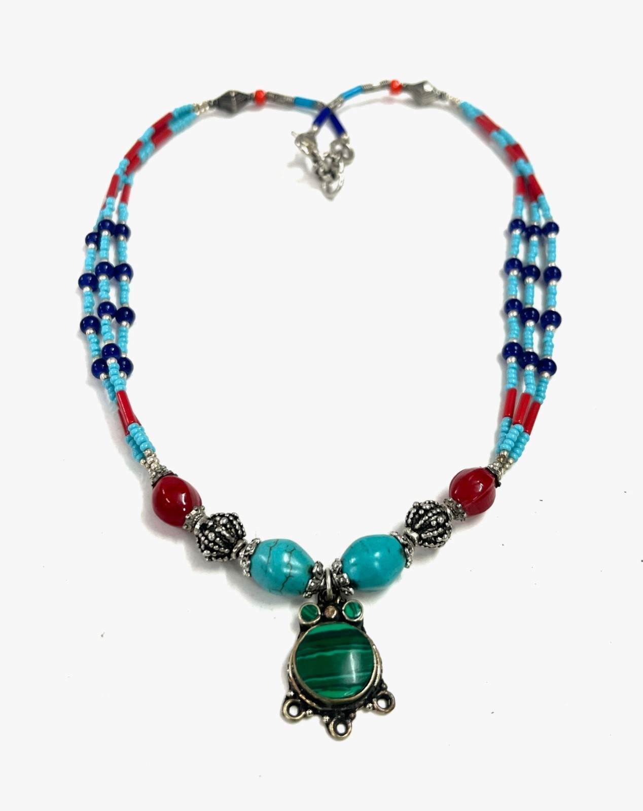 Turquoise Lapis Gemstone Tibetan Boho Pendant Necklace Jewelry, 17 Inc Adjs