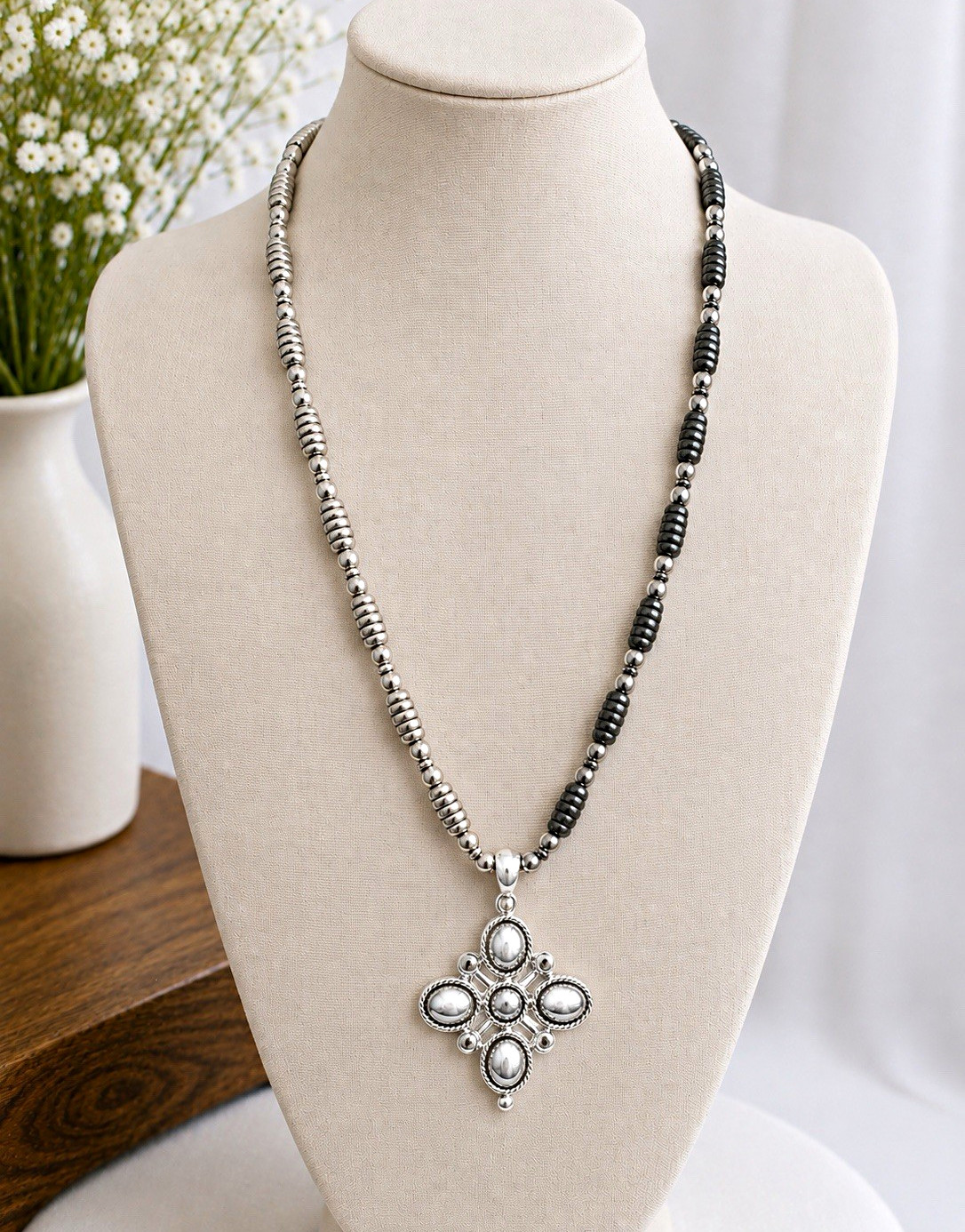Napier Signed Silver Tone Black Beaded Ball Chain Necklace Cross Charm Pendant