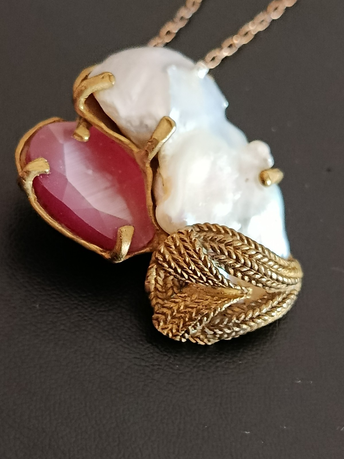 Laura Nocco Baroque Pearl Cat’s Eye Heart Bronze Pendant Signed Italy Rare Art