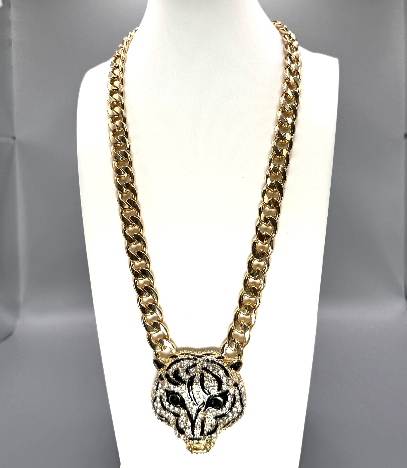 Natasha Leopard Panther Necklace Gold Tone Rhinestone Black Enamel Statement