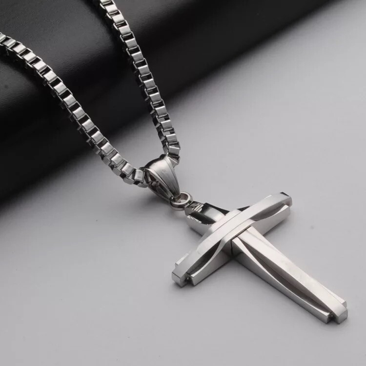 NEW Stainless Steel Silver Jesus Cross Crucifix Pendant Necklace Mens & Womens