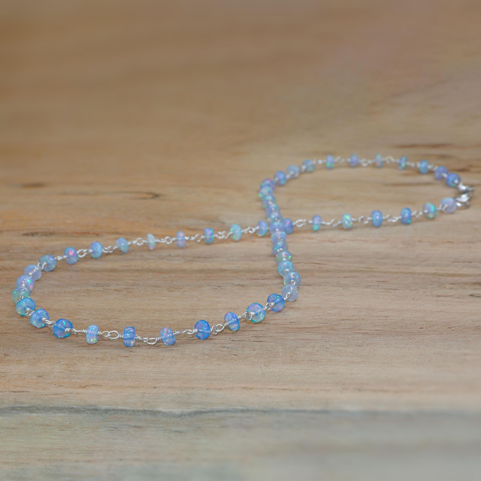 Multifire Blue Opal Wire Wrap Necklace, Fire Opal Beaded Necklace, Smooth Opal