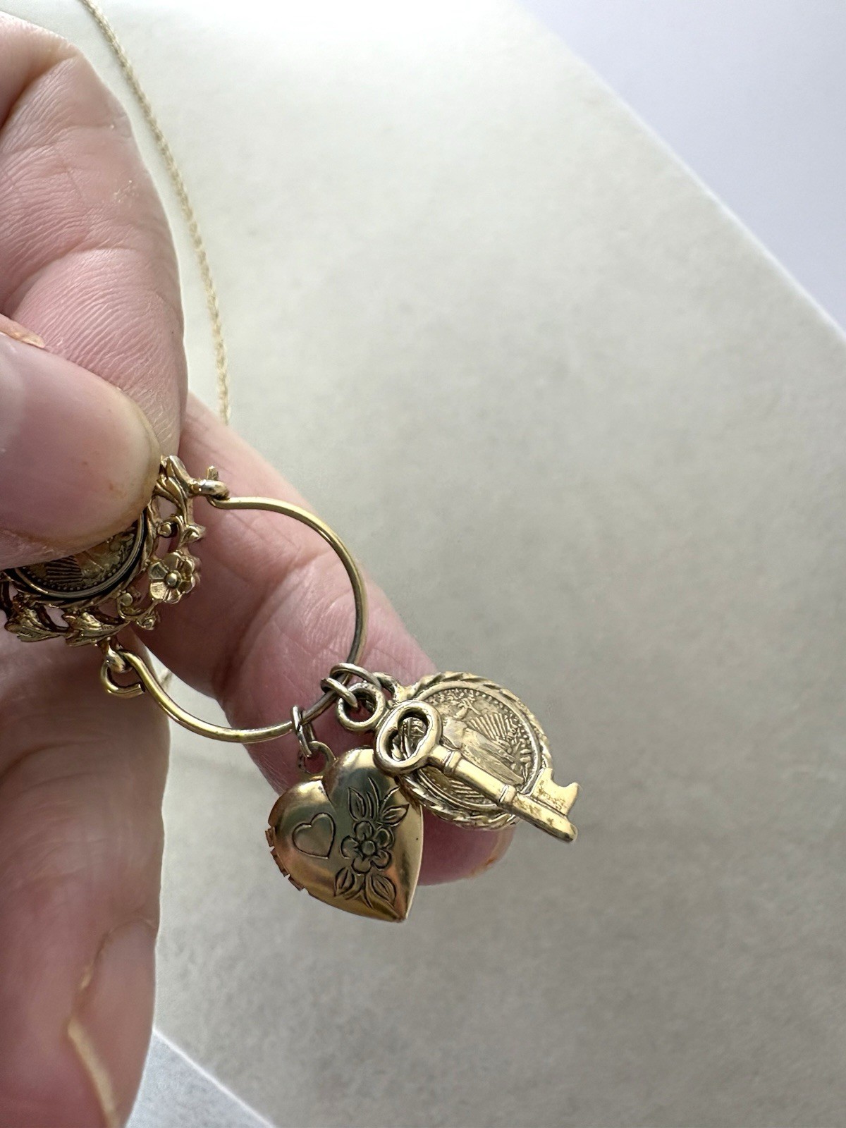 Gold Tone Tiny Charm Pendant Necklace Faux Liberty Coin Heart Key&Locket By 1928