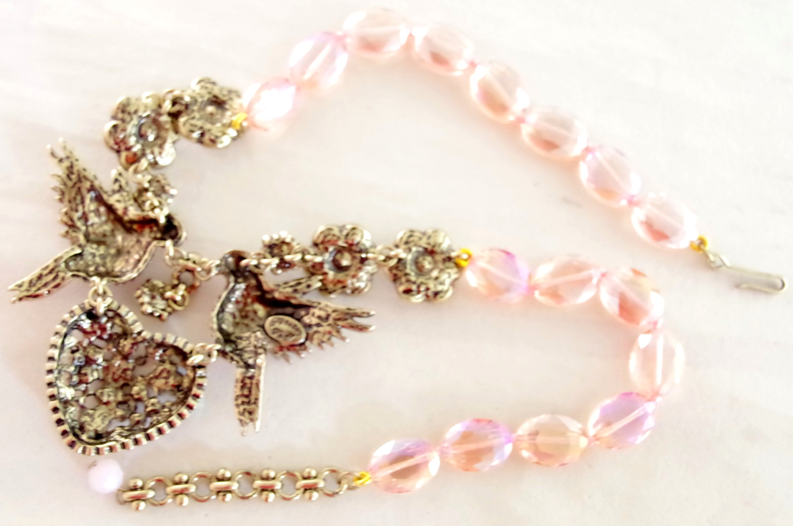 DESIGNER STYLE PINK AB CRYSTAL RHINESTONE LOVE BIRDS VALENTINE HEART NECKLACE