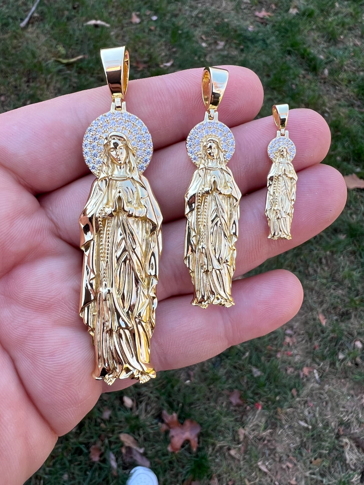 Real MOISSANITE 925 Silver 14k Gold Plated Virgin Mary Pendant Iced Necklace
