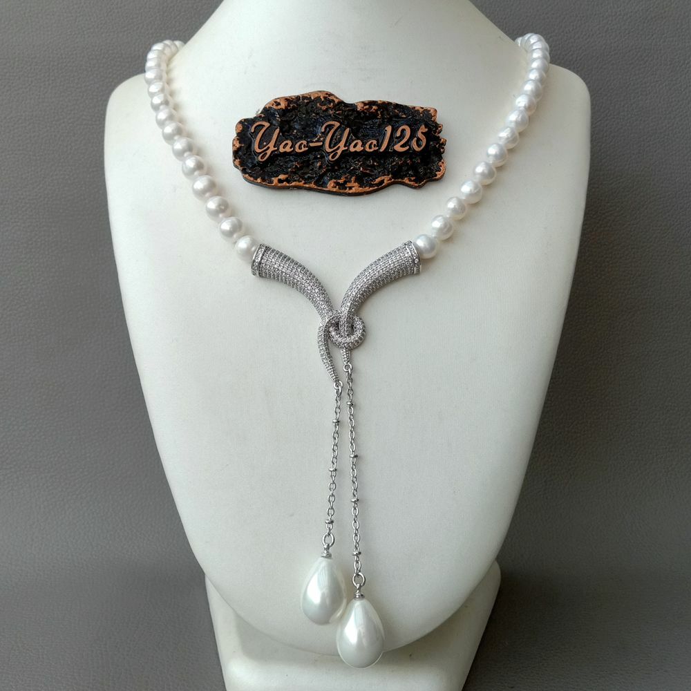 Cultured White Pearl Necklace White Sea Shell Pearl cz pave Pendant 20″