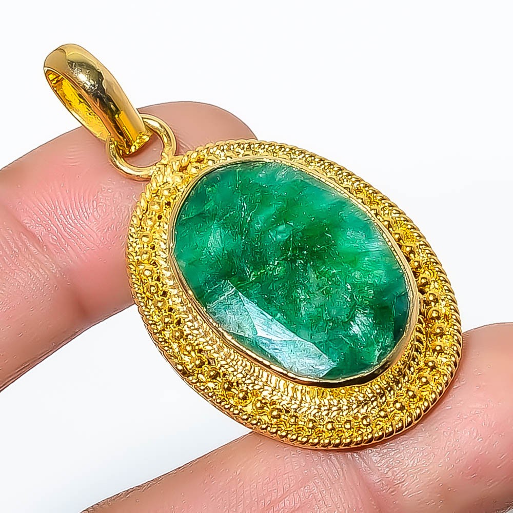 Emerald (Lab-Created) Gemstone 925 Silver Gold Plated Pendant 1.76″ P7622-221