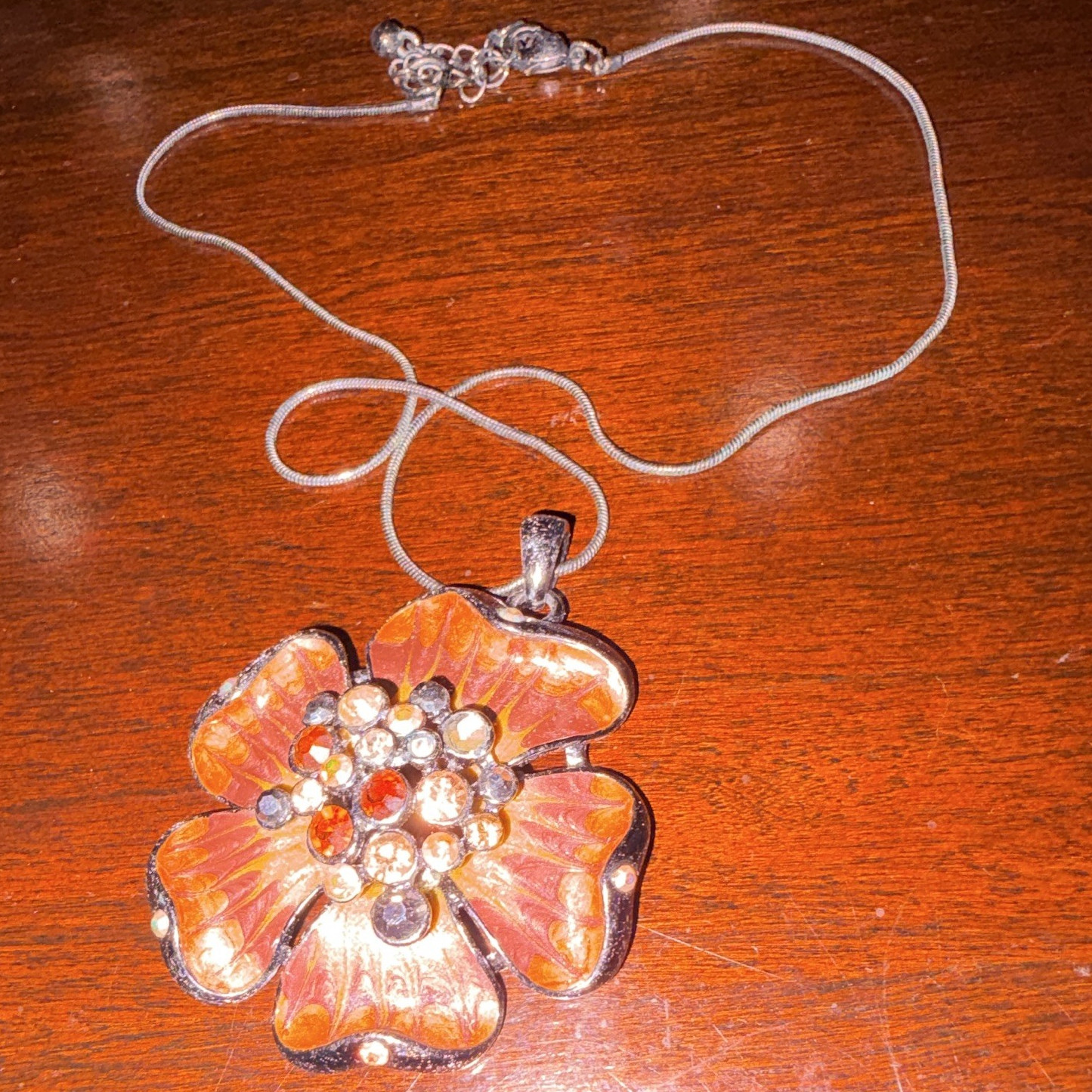 Silver Tone Snake Chain Necklace with Orange Flower Charm, Clear Crystal, Prong