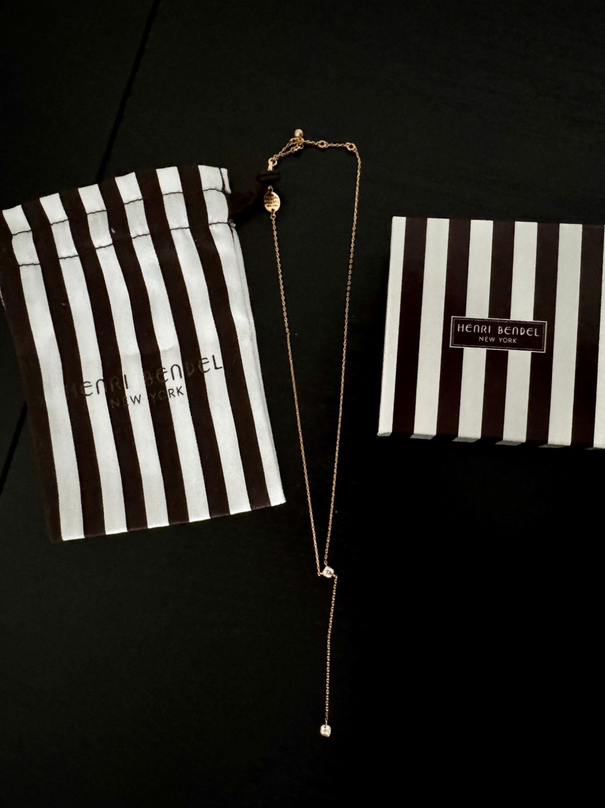 Henri Bendel 12″ Rose Gold Drop Pendant Necklace With Pouch And Box