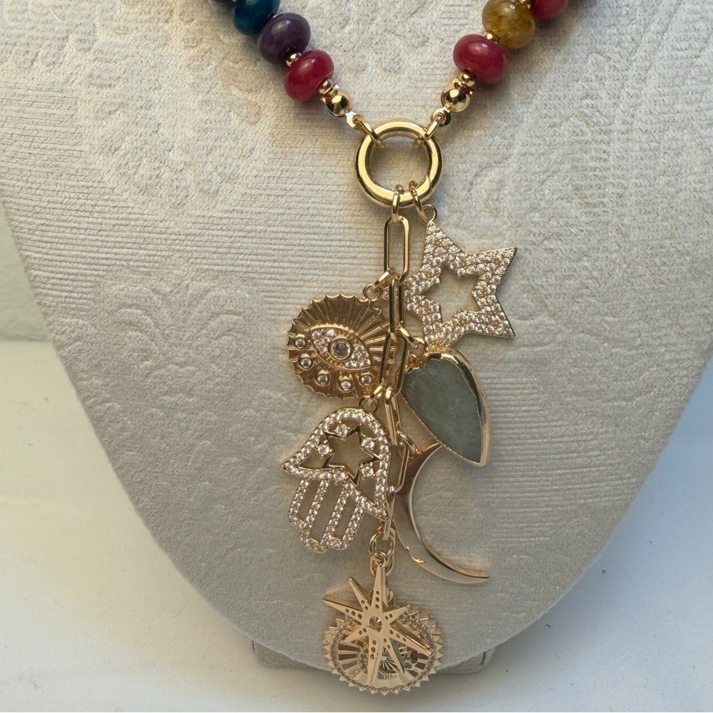 Boho Beaded Charm Necklace Gold Tone Hamsa Star Moon Evil Eye Celestial Gemstone