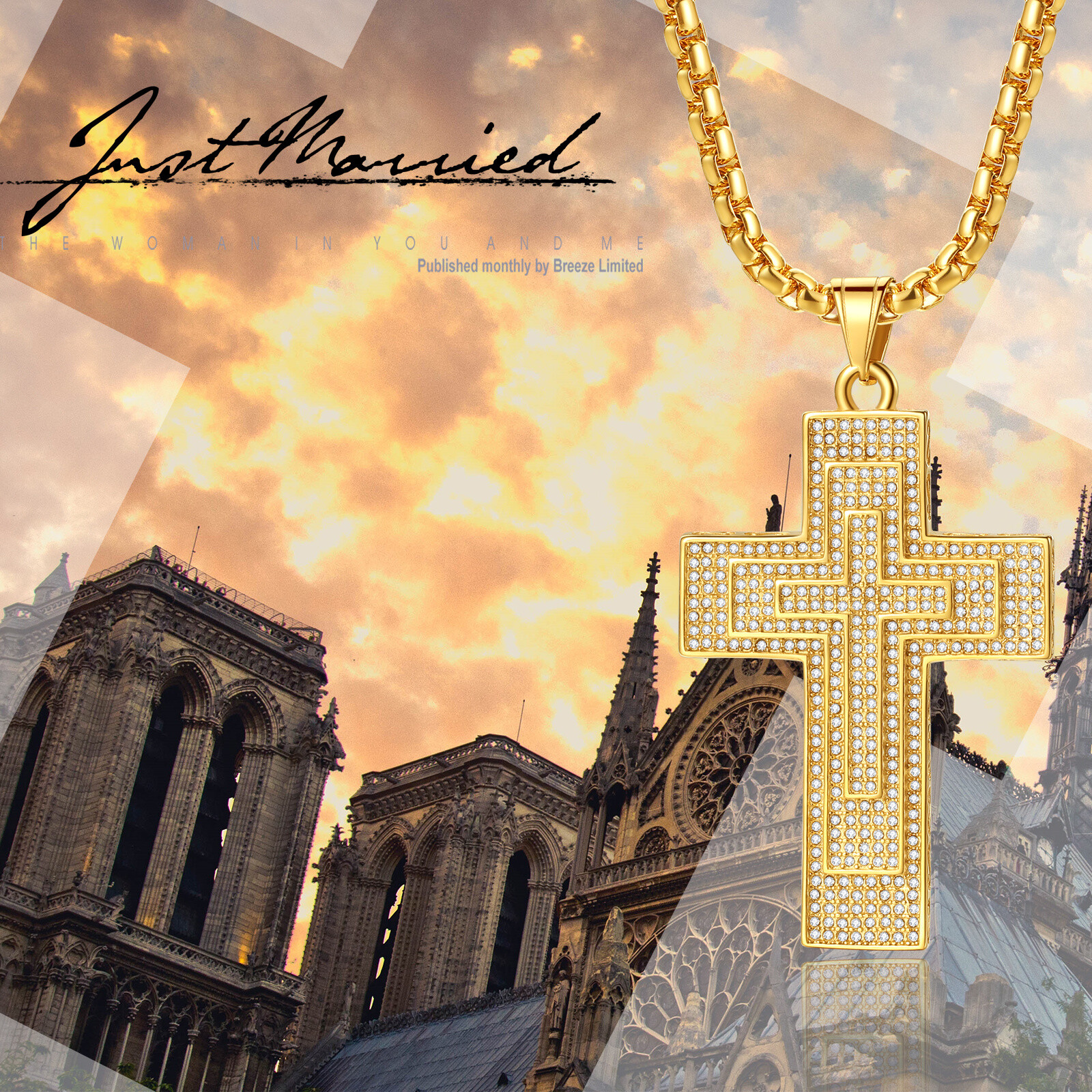 Mens Boys Hip Hop Large CZ Cross Stainless Steel Crucifix Pendant Necklace 22in