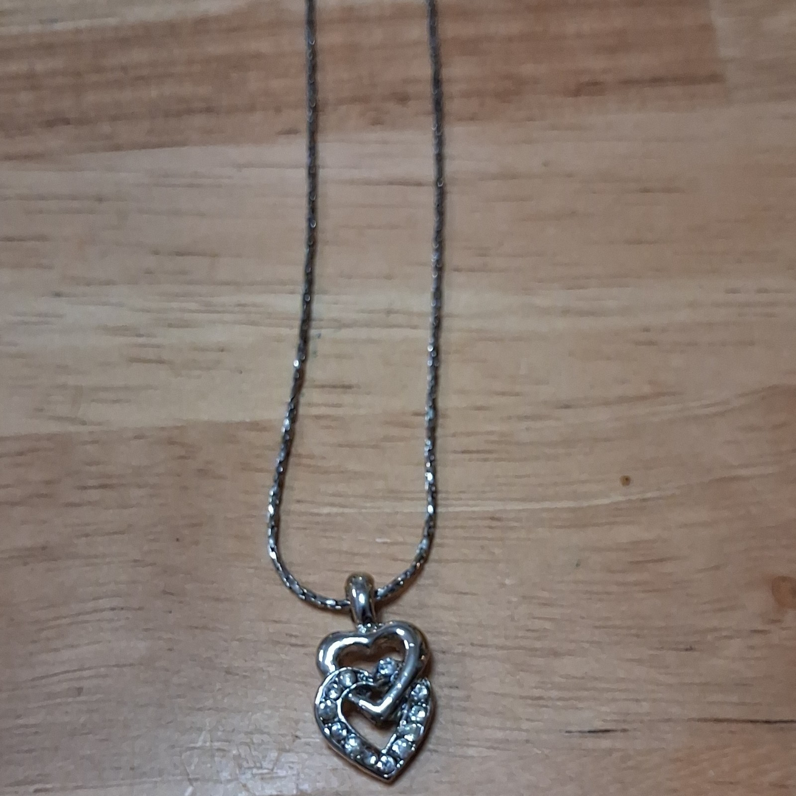 Silver Tone Snake Chain Necklace Double Heart Charm Pendant Clear Pavé Stones