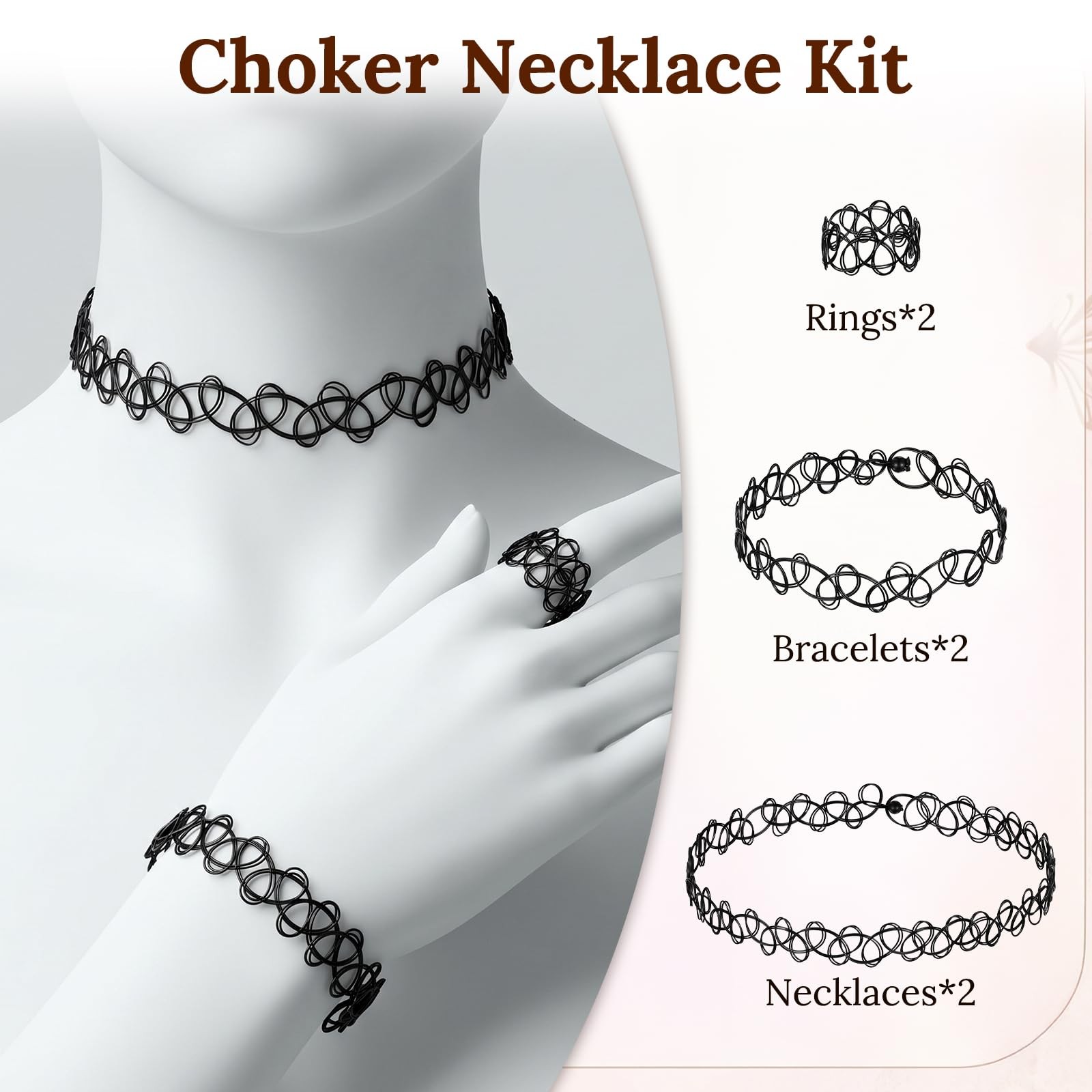 6 Pcs 90s Tattoo Choker Necklace Set Stretchy one size, Black