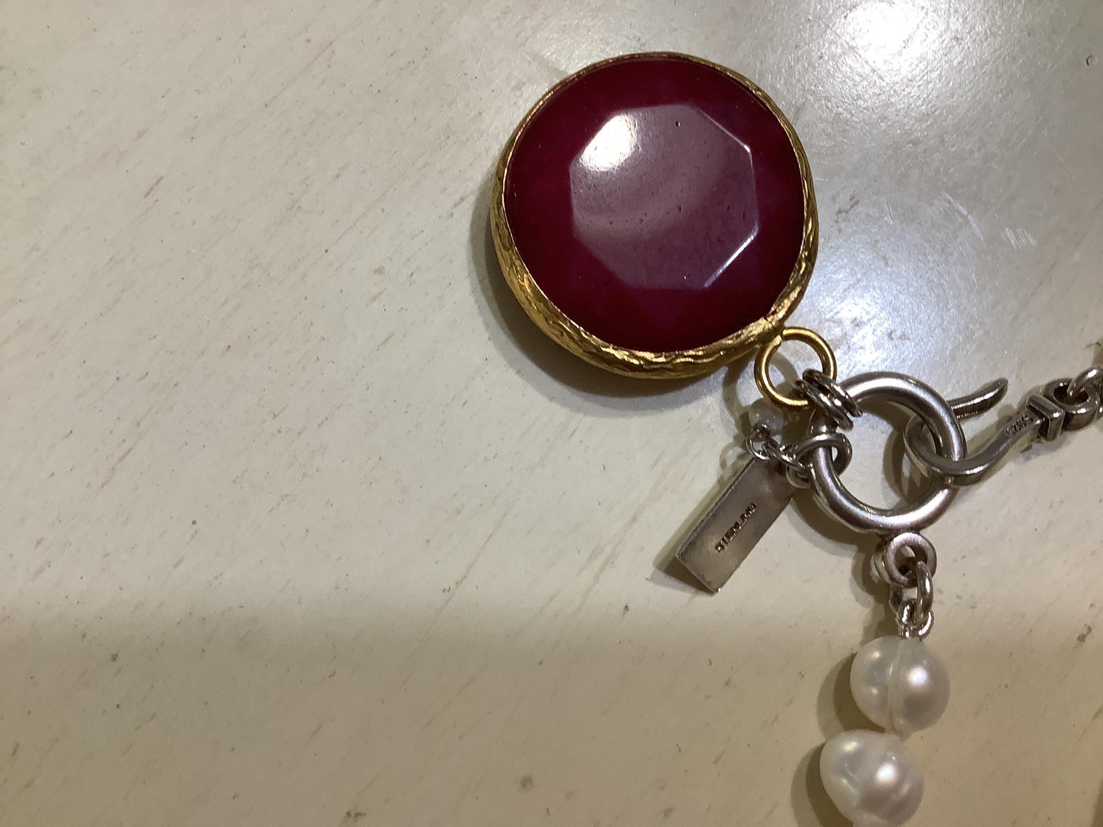Pearly Girls PearlNecklace W/Red Pendant, Sterling Clasp, 18”, NWT