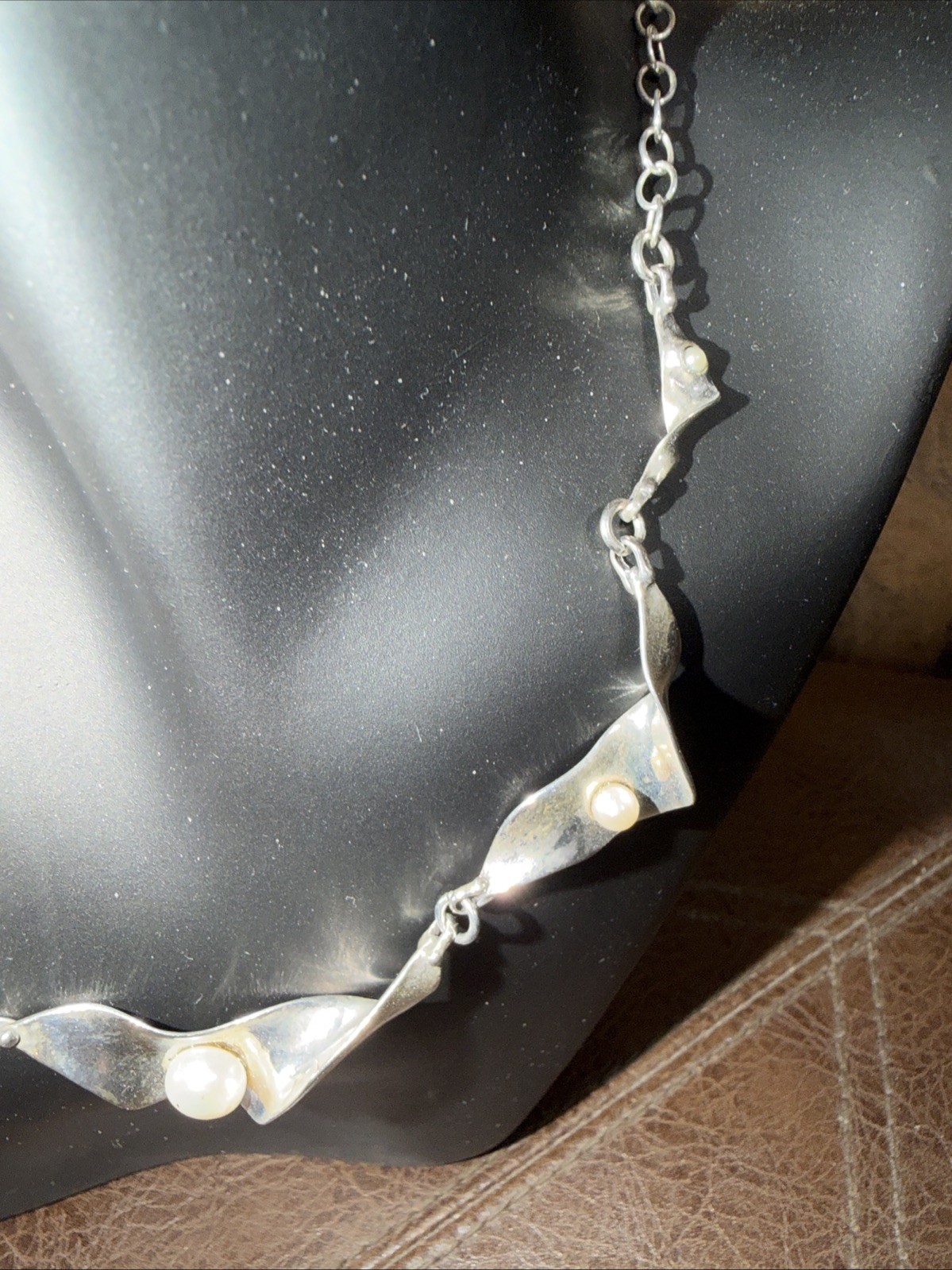 Daniel by Design Sterling Silver 925 Ribbon Wave Faux Pearl Choker Necklace 16”