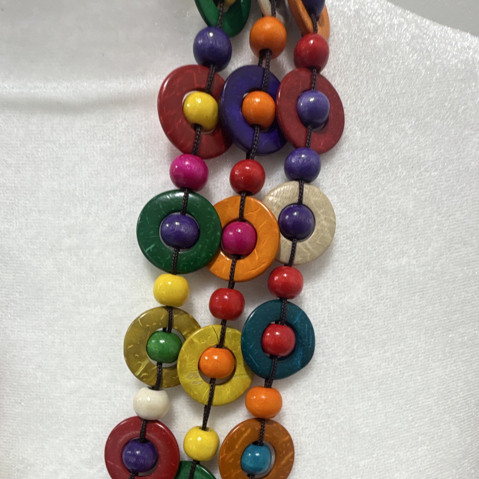 Multicolor Wood Beaded Statement Necklace Donut Pendant Cord Adjustable Slip