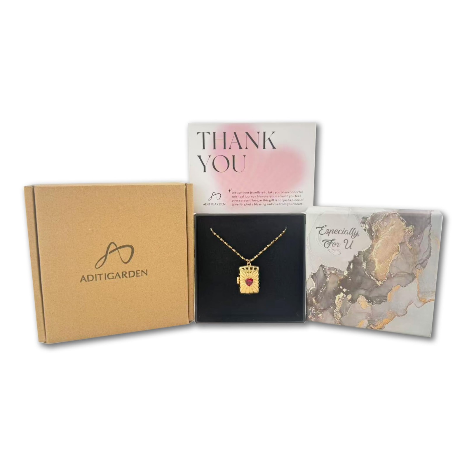 Vintage Gold-Tone Rectangular Locket Necklace with Red Heart