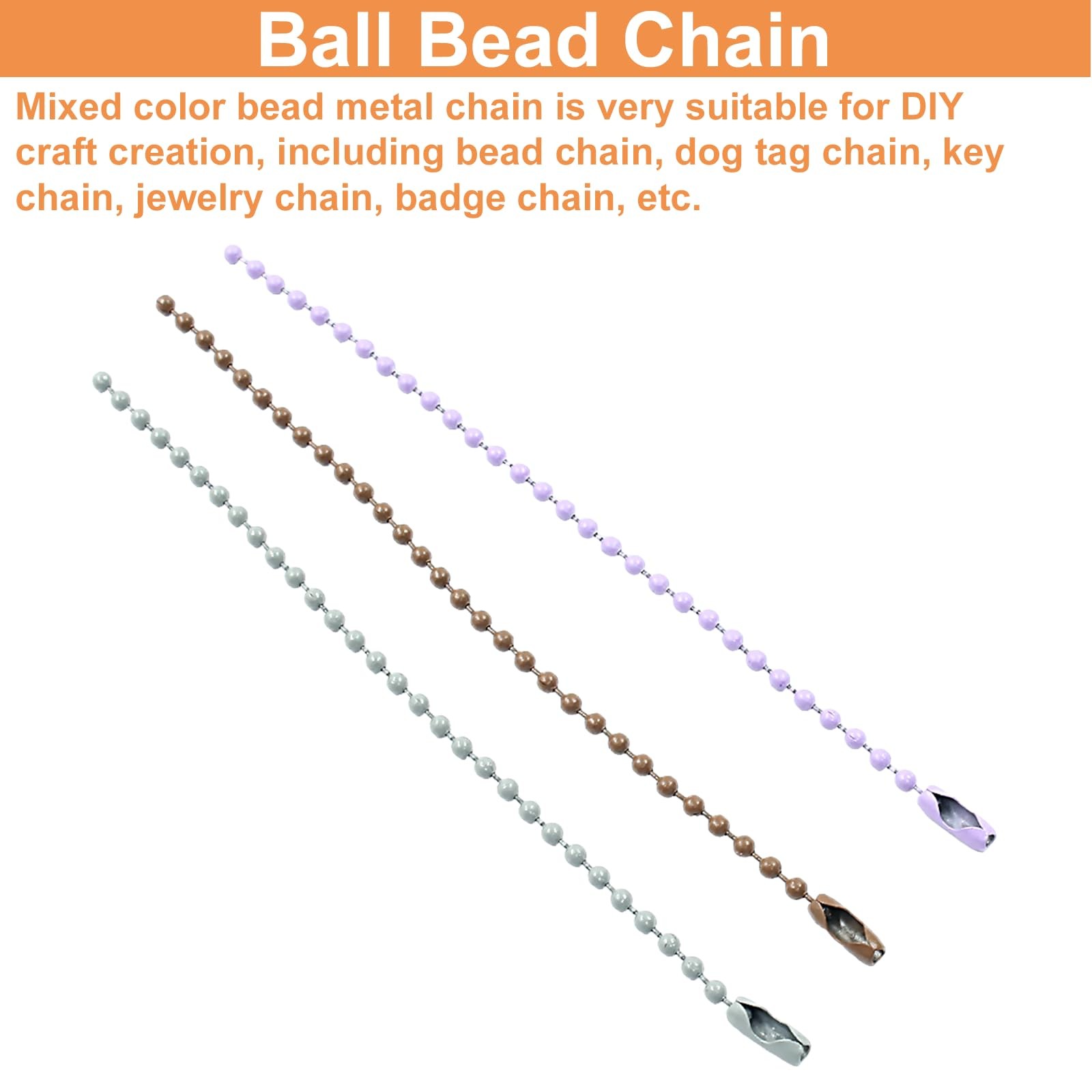 100 Pcs Colored Ball Bead Chain, Metal Hanging Chains Keychains Necklace Bulk wi