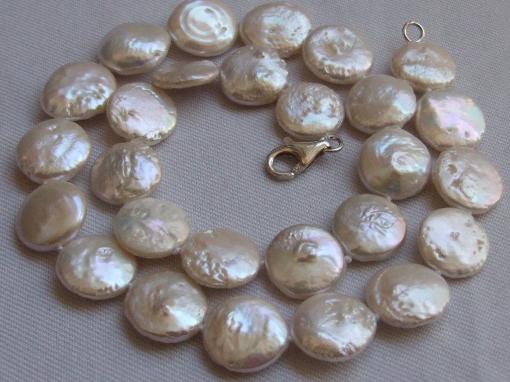Natural 11-12mm White Freshwater Cultured Flat Coin Pearl Necklace 18”