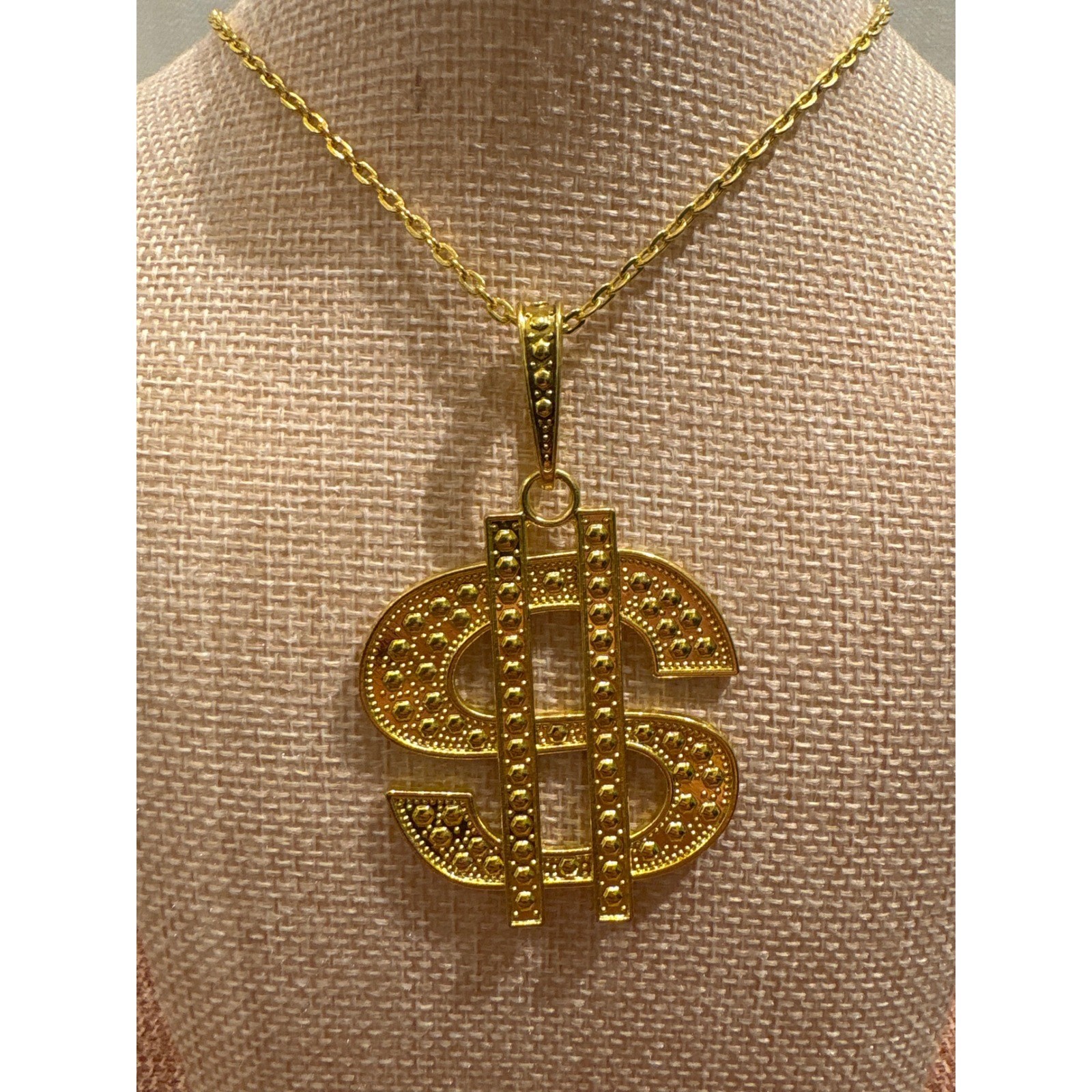 Gold Tone Dollar Sign Pendant Necklace Studded Money Symbol Hip Hop Costume 18in