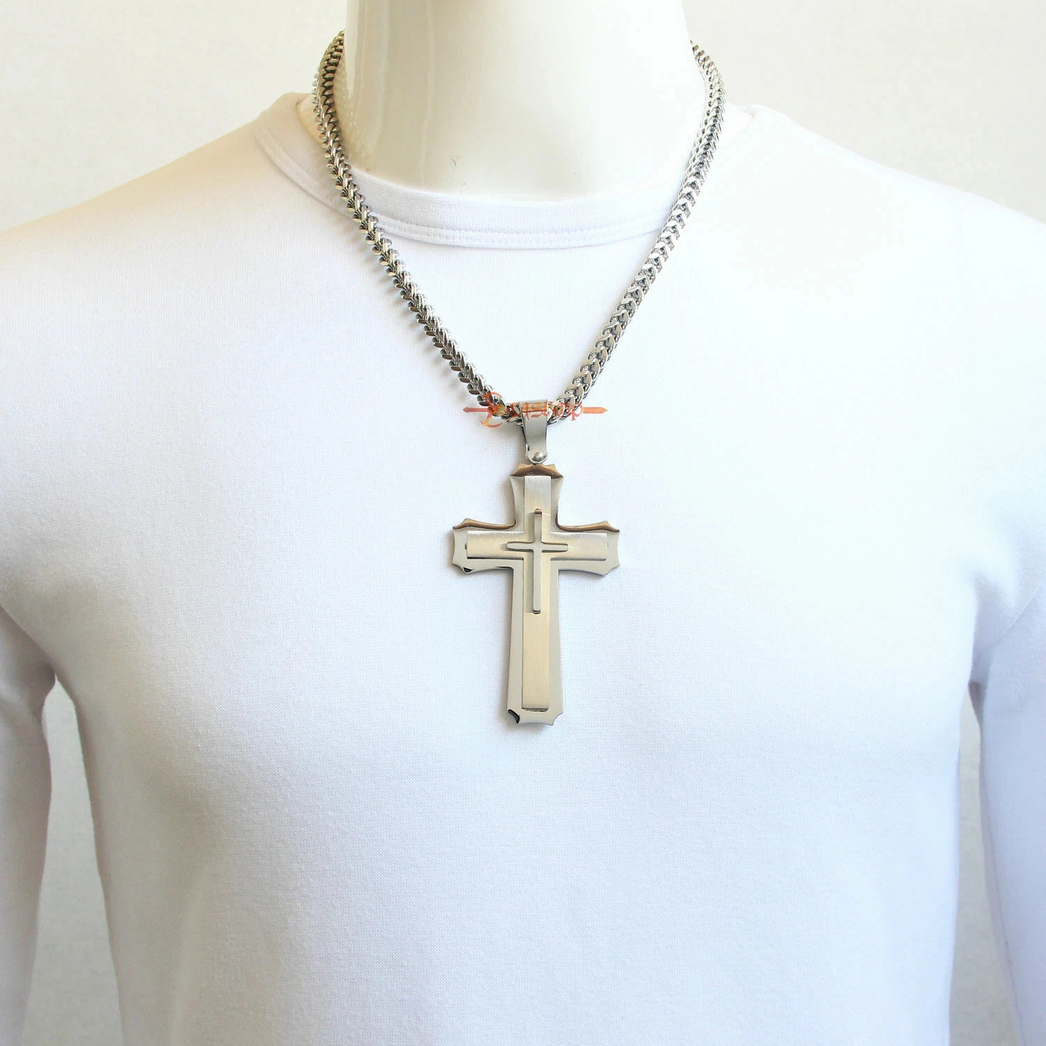 Huge Stainless Cross Men’s Necklace Pendant Heavy Large Silver Polished 3 Layer