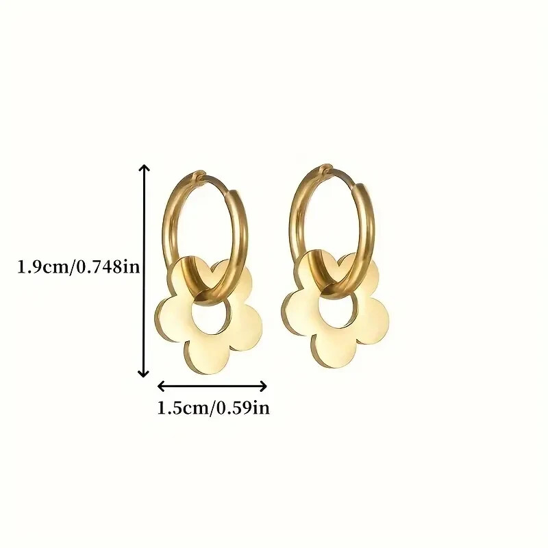 Tiny Golden Flower Design Hoop Earrings Stainless Steel Jewelry Elegant