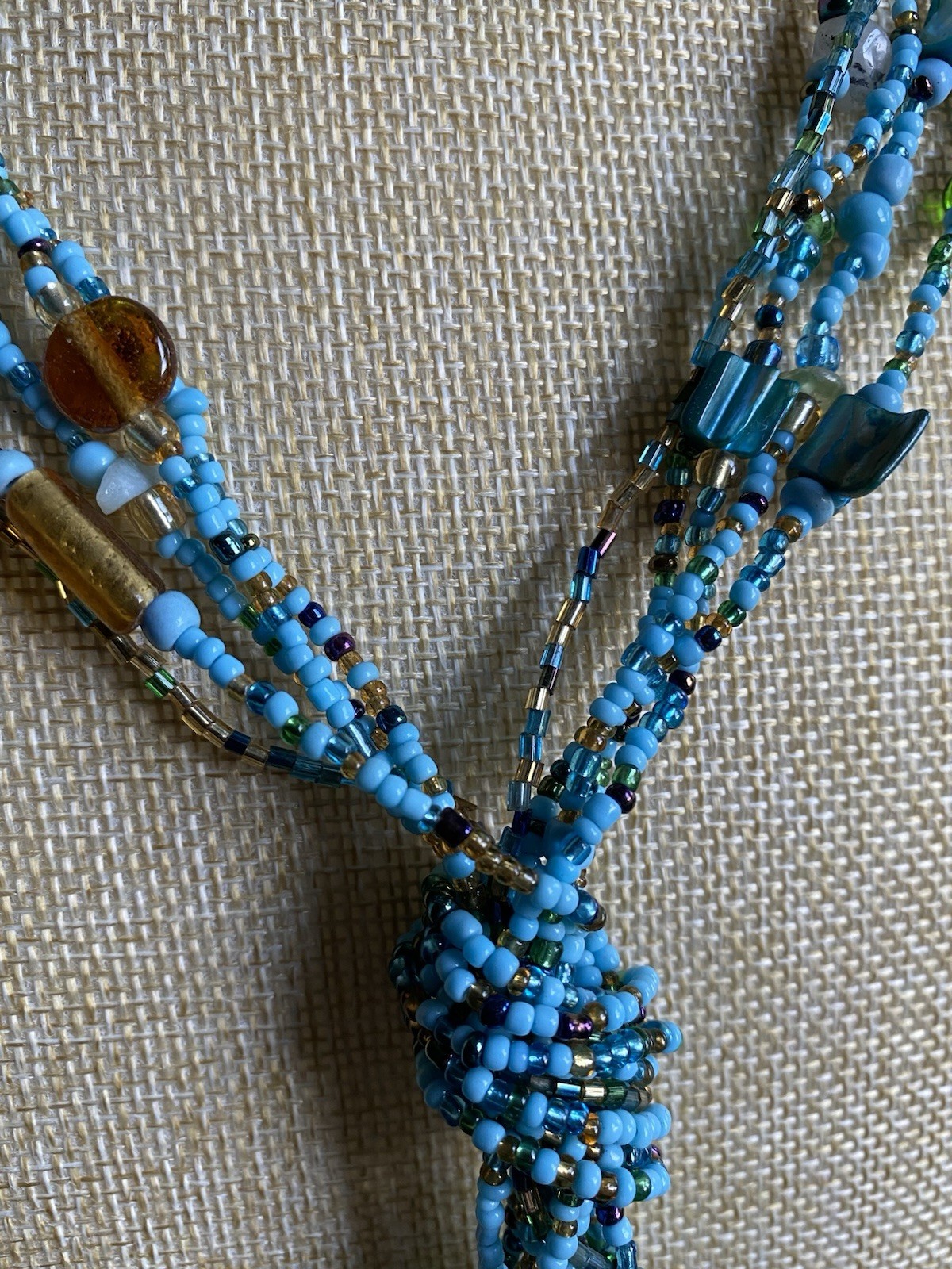Boho Multi Strand Beaded Lariat Necklace Turquoise Blue Green Seed Bead Tassel