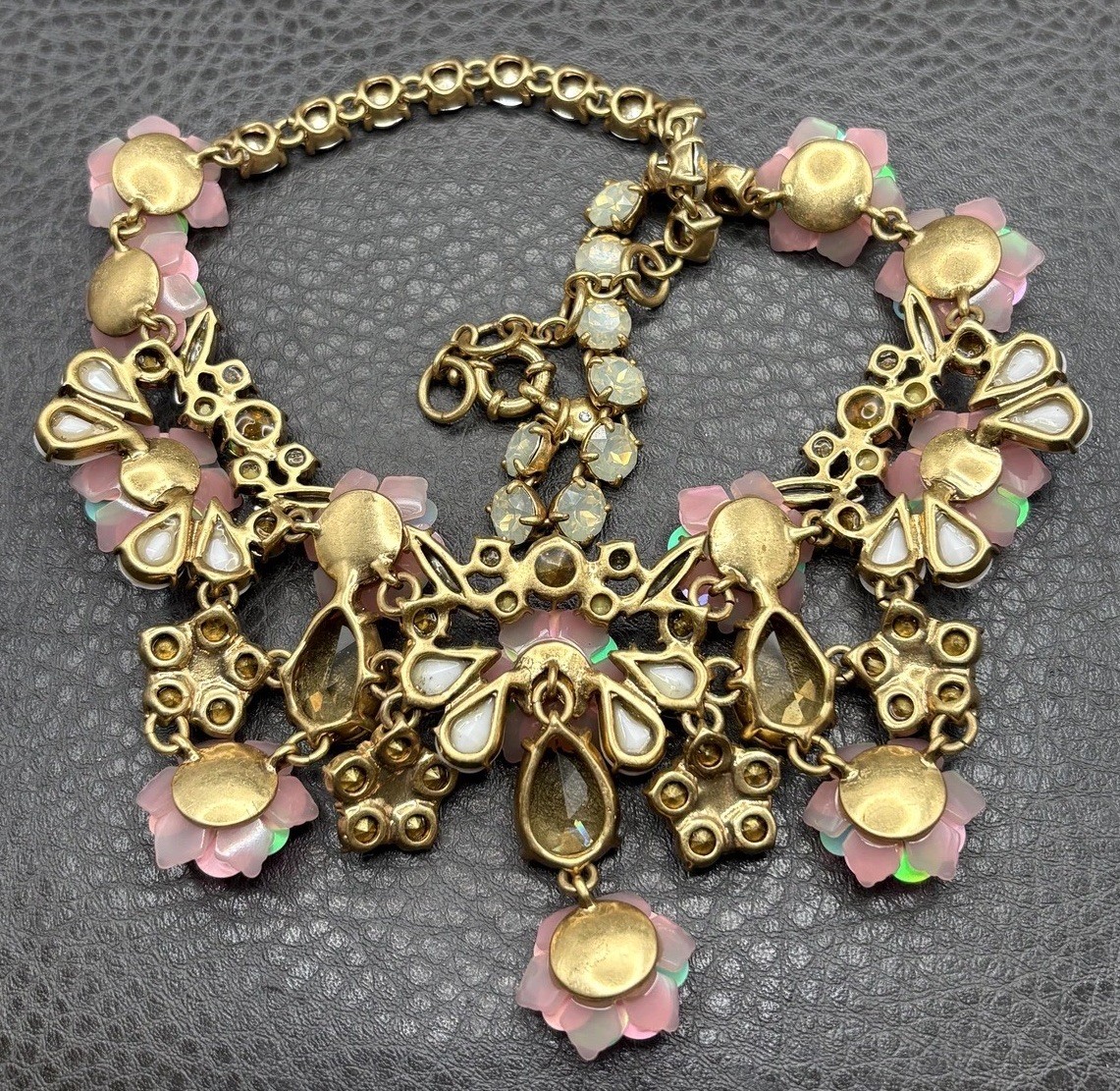 J Crew Amazing Floral Statement Bib Necklace Iridescent Pink Flowers Rhinestones