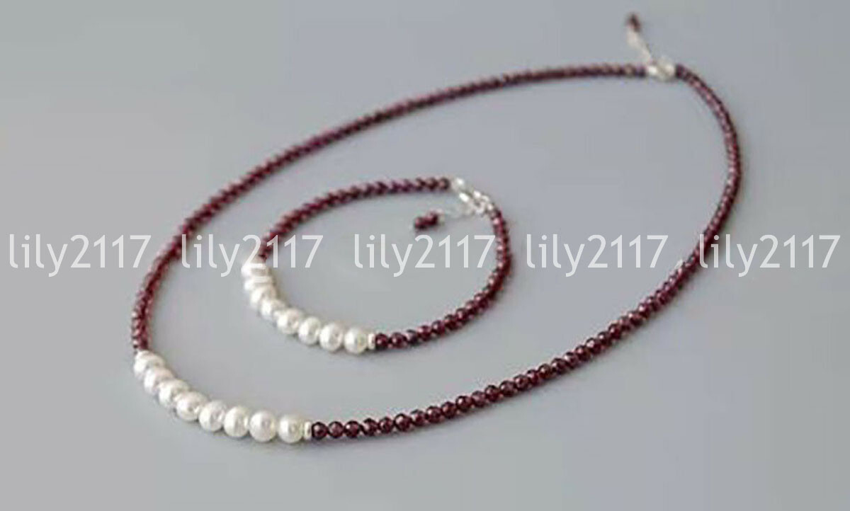 Natural 4mm Faceted Red Garnet 6-7mm White Freshwater Pearl Necklace Bracelet