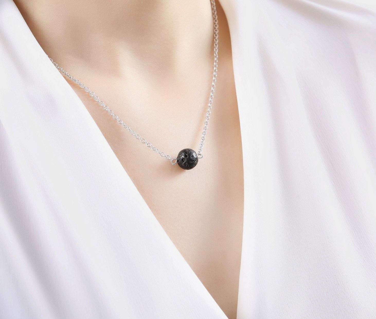 Stylish Lava Rock Aromatherapy Pendant Necklace in Silver and Black Design