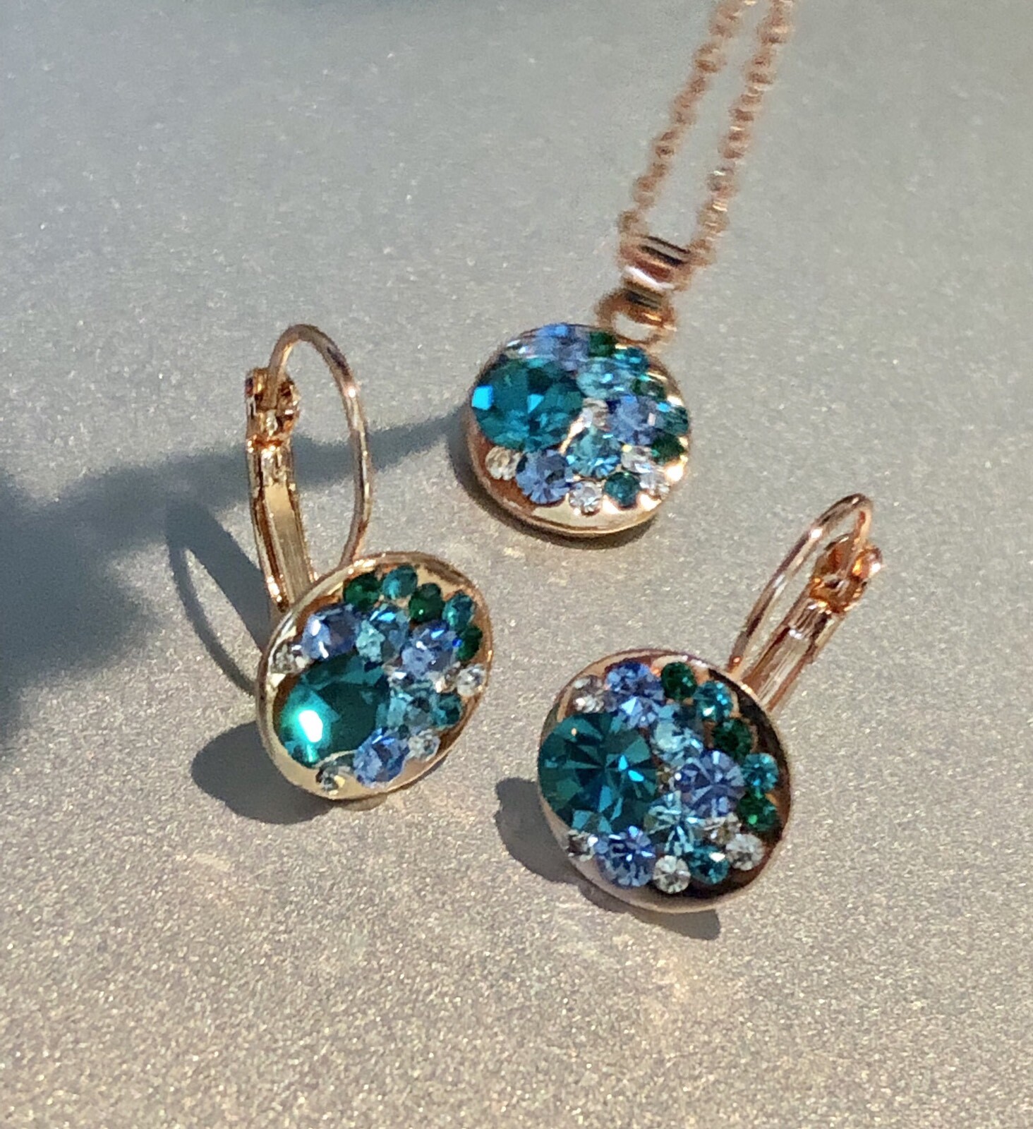 15mm Round Bella Blue Necklace Earrings Swarovski Crystal Rose Gold Plated Over