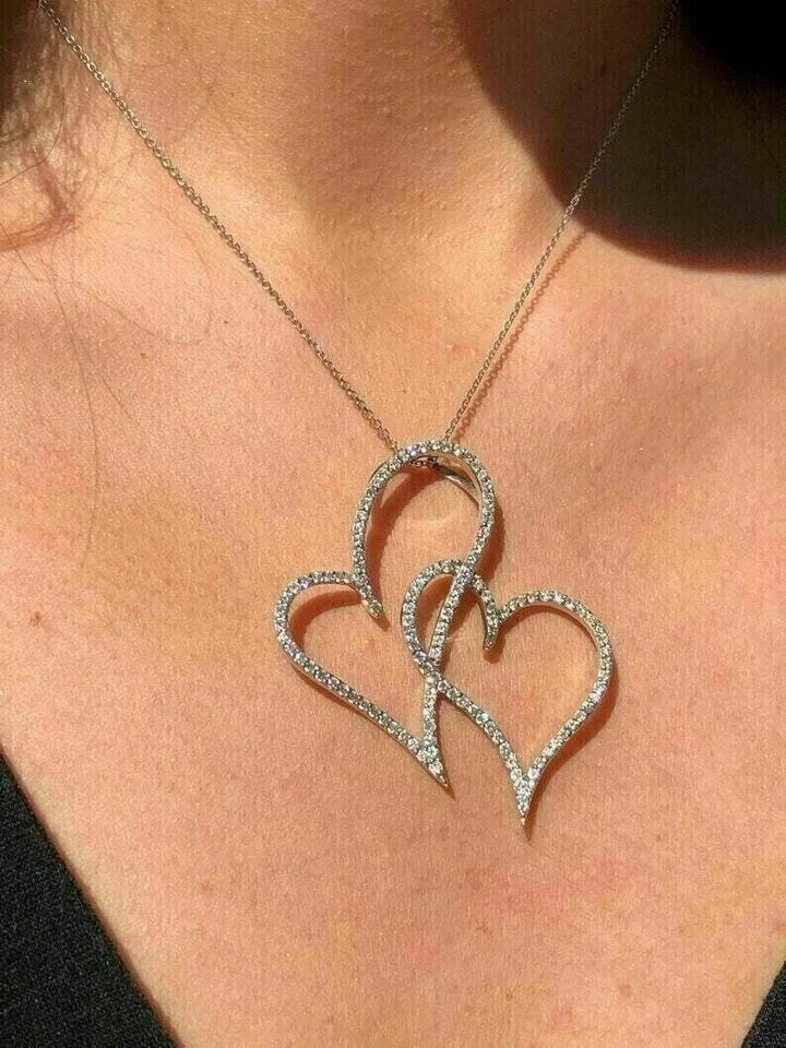 2Ct VVS1 Round Cut Diamond Large Double Open Heart Pendant 14K White Gold Plated