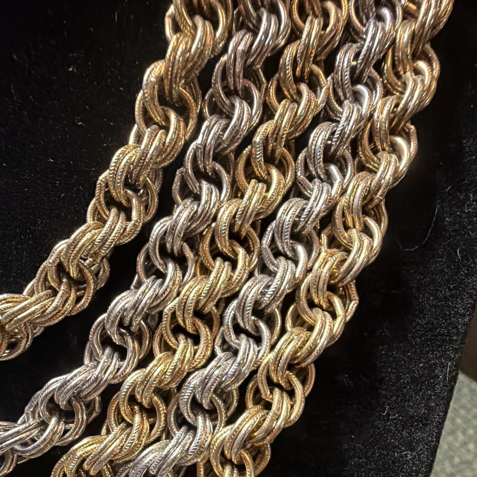 Vintage Gold & Silver Tone Layered Rope Chain NecklaceClear Crystal Clasp 15 IN