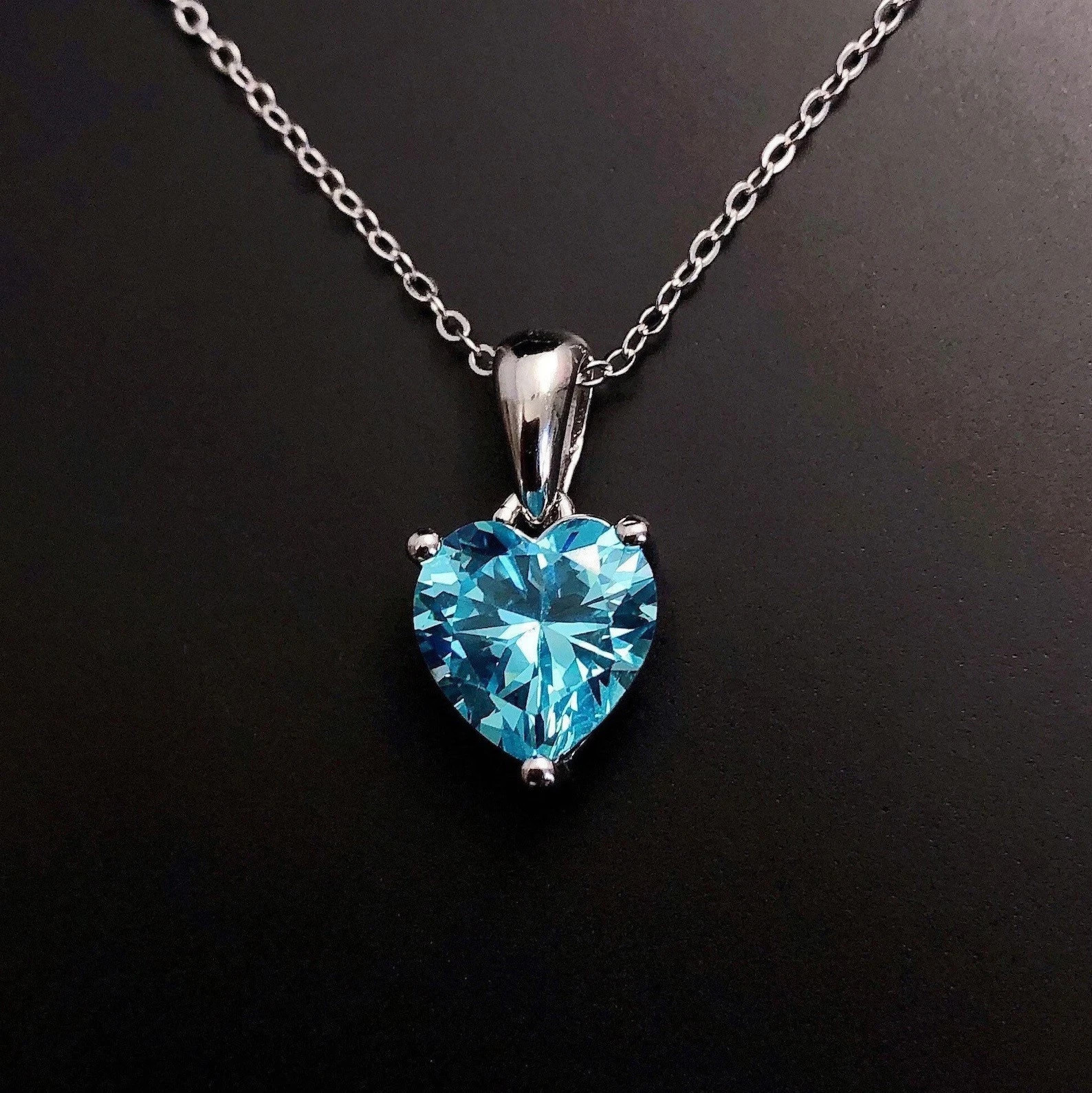 7MM Heart Cut Simulated Blue Topaz Pendant 14K White Gold Plated 925 Silver
