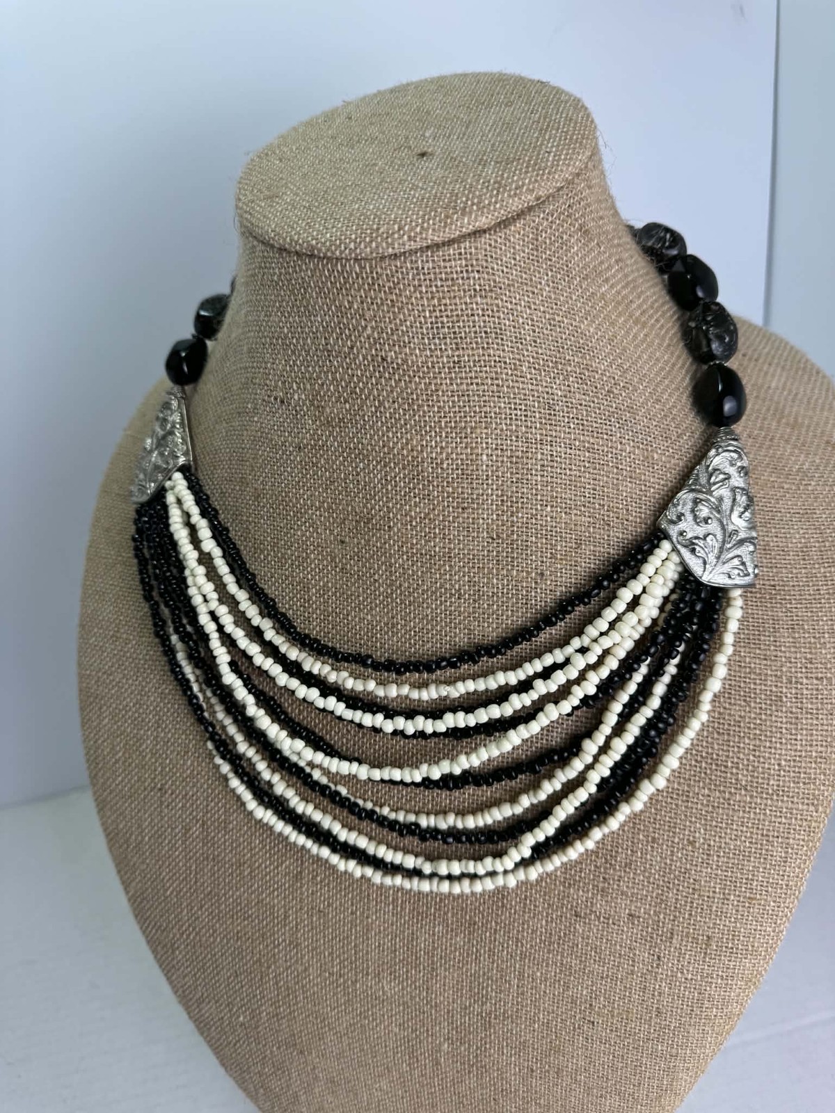Chic Black White Multi-Strand Beaded Statement Necklace Silver Tone Accents